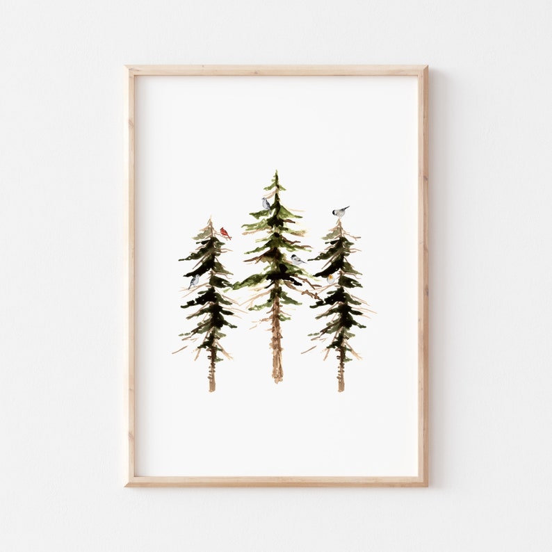 Watercolor Pine Trees Print, Christmas Tree Printable, Holiday Wall Art, Winter Birds Print, Farmhouse christmas DIGITAL DOWNLOAD image 2