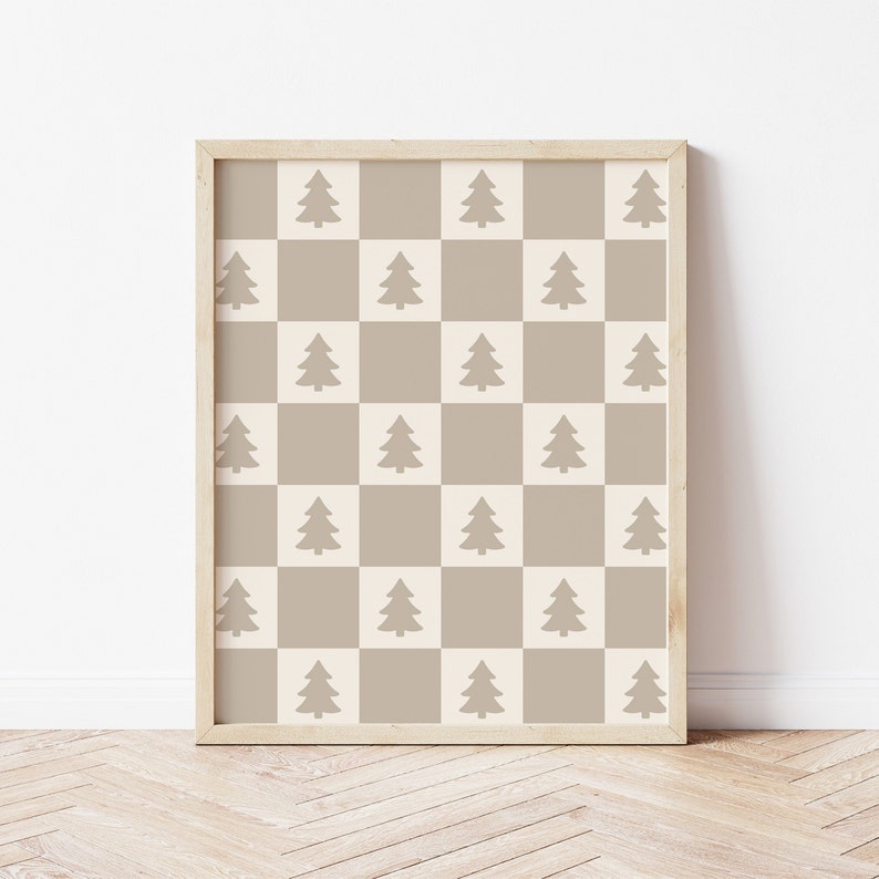 Neutral Checkered Christmas Print, Holiday Wall Art, Pine Tree Print, Neutral Winter Prints DIGITAL DOWNLOAD image 1