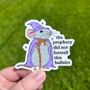 May include: A sticker featuring a gray mouse dressed as a wizard, wearing a purple hat and cape, holding a wooden staff. The text on the sticker reads "the prophecy did not foretell this bullshit."