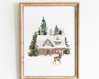 Winter Cabin Print, Holiday Wall Art, Christmas Print, Winter Forest Print, Winter Printable, Farmhouse Christmas *DIGITAL DOWNLOAD*