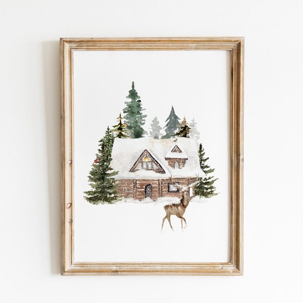 Winter Cabin Print, Holiday Wall Art, Christmas Print, Winter Forest Print, Winter Printable, Farmhouse Christmas *DIGITAL DOWNLOAD*