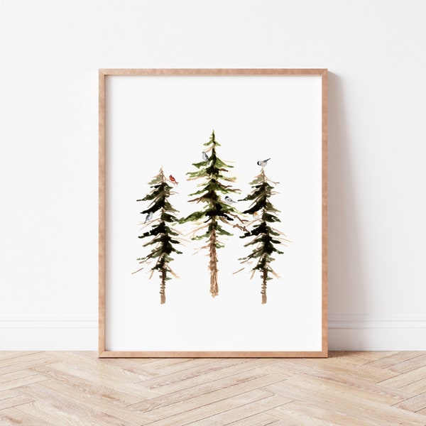 Watercolor Pine Trees Print, Christmas Tree Printable, Holiday Wall Art, Winter Birds Print, Farmhouse christmas *DIGITAL DOWNLOAD*