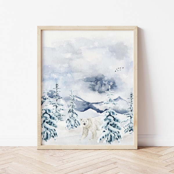 Winter Polar Bear Print, Christmas Print, Holiday Wall Art, Winter Printable, Winter Trees Print  *DIGITAL DOWNLOAD*