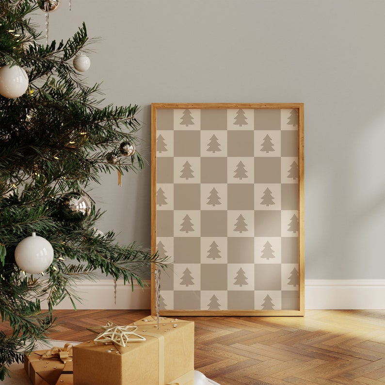 Neutral Checkered Christmas Print, Holiday Wall Art, Pine Tree Print, Neutral Winter Prints DIGITAL DOWNLOAD image 2