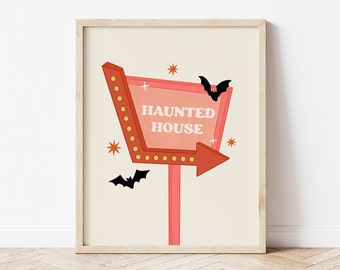 Haunted House Print, Retro Signs, Spooky Season Art, Retro Halloween Print, Halloween Bats *DIGITAL DOWNLOAD*