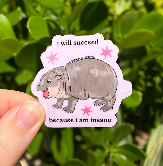 Moo Deng Sticker, Funny Meme Gifts, I Will Succeed Because I Am Insane, Weatherproof