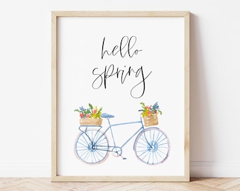 Hello Spring Print, Farmhouse Spring Decor, Bike With Flower Basket, Spring Printables, Spring Wall Art *DIGITAL DOWNLOAD*