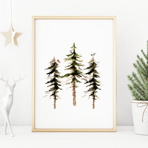 Watercolor Pine Trees Print, Christmas Tree Printable, Holiday Wall Art, Winter Birds Print, Farmhouse christmas DIGITAL DOWNLOAD image 3