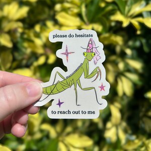Pu&ograve; includere: Un adesivo con una mantide religiosa verde che indossa un cappello da festa e tiene le braccia alzate. L'adesivo ha il testo "please do hesitate to reach out to me" ed &egrave; decorato con stelle.