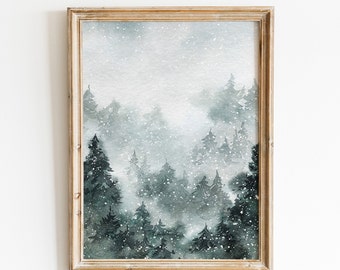 Stampa di alberi di pino innevato, arte della parete invernale, stampe natalizie, stampa di boschi invernali, decorazioni per le vacanze in fattoria *DOWNLOAD DIGITALE*