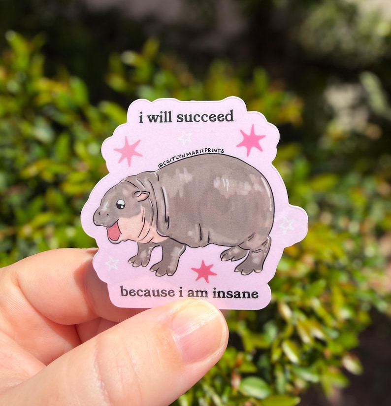 Puede incluir: Una pegatina troquelada con fondo rosa claro que presenta una ilustraci&oacute;n de dibujos animados de un hipop&oacute;tamo gris. El texto dice i will succeed en la parte superior y because i am insane en la inferior, con estrellas rosas y blancas.