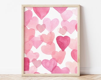 Watercolor Hearts Print, Valentines Day Print, Hearts Printable, Pink Valentines Print, Valentines Day Decor *DIGITAL DOWNLOAD*