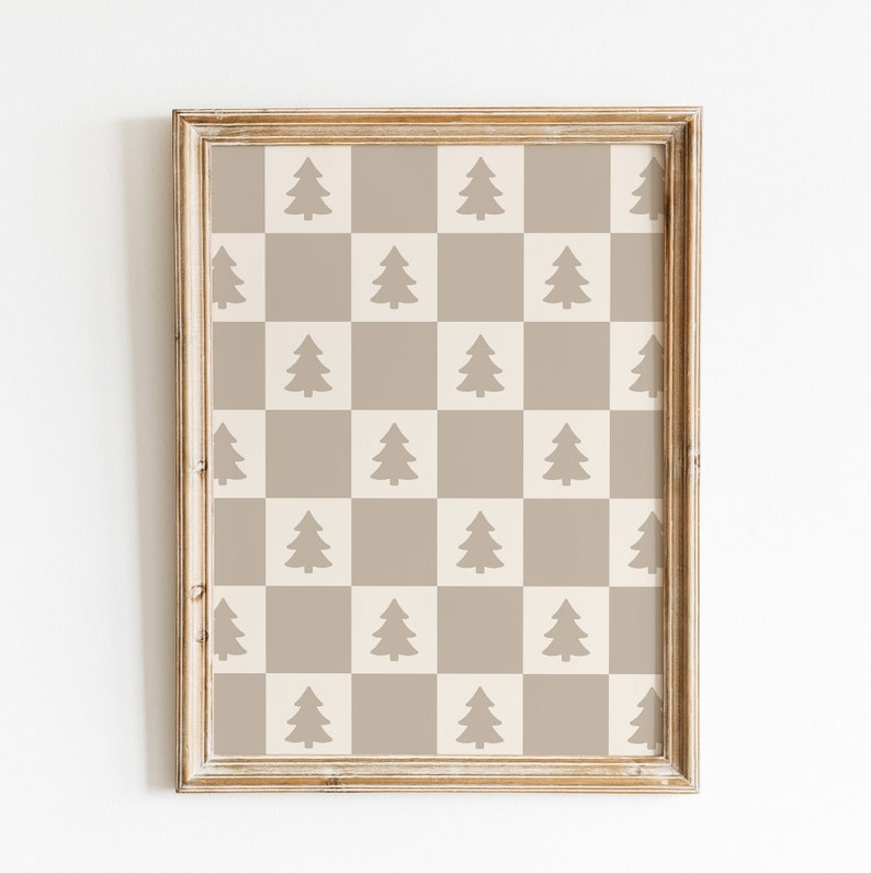 Neutral Checkered Christmas Print, Holiday Wall Art, Pine Tree Print, Neutral Winter Prints DIGITAL DOWNLOAD image 3