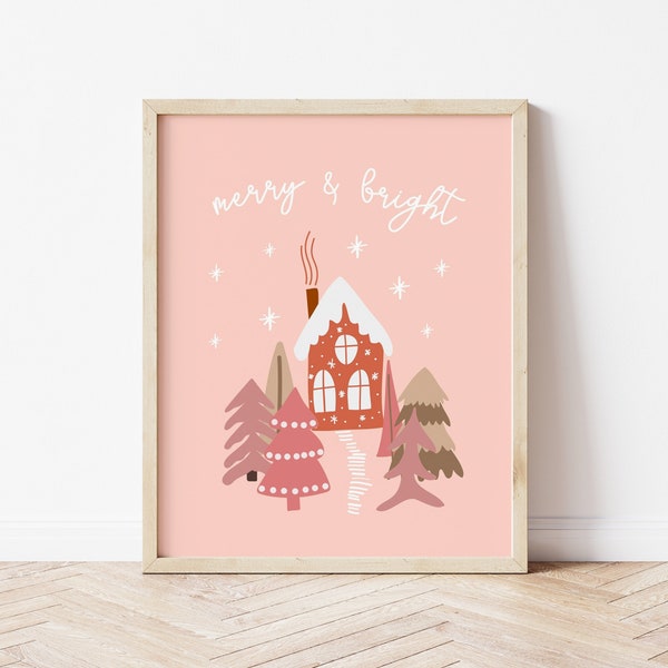 Merry & Bright Print, Boho Christmas, Holiday Printables, Whimsical Christmas, Pink Christmas Print *DIGITAL DOWNLOAD*