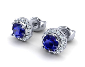 Sapphire stud earrings, Gold earrings, Halo earrings ,Gem earrings, Blue sapphire earrings Personalized jewelry