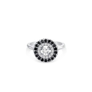 Anillo de compromiso con doble halo, diamantes blancos y negros, anillo de oro blanco de 14 quilates, anillo de compromiso único, anillo de diamantes con halo, anillo de propuesta para ella