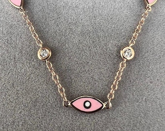 Bezel setting Dainty Evil Eye Station Bracelet Natural Diamond And Enamel