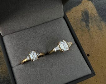 Three-Stone Engagement Ring  Lab Diamond Emerald Cut Solid Gold/Platinum