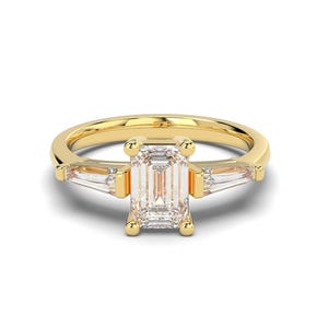 Three-Stone Diamond Engagement Ring, Emerald & Tapers Diamond Ring, Natural Diamond Wedding Ring, Promise Ring For Her, Proposal Ring