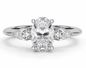 Three-Stone Engagement Ring Oval & Pear Cut Natural Diamonds 14K/18K Solid Gold/Platinum