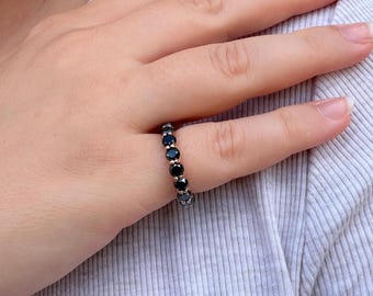 14K Gold Black Diamond Eternity Ring, Round Cut Wedding Band