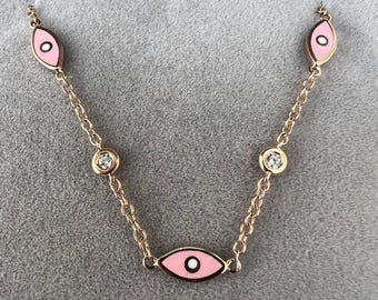 Lab Diamond And Enamel  Bezel setting Dainty Evil Eye Station Bracelet