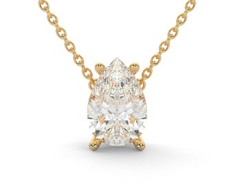 Colgante solitario con diamante sintético talla pera y collar de oro de 14K/18K