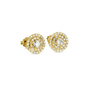 Double Halo Stud Earrings, Diamond Halo Stud Earrings, Solid 14K Yellow Gold Earrings, Round Cut Diamond Earrings, Unique Gift For Women