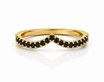Black Diamond V Ring, 14k Solid Gold Half Eternity Band