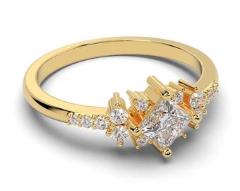 Lab Diamond Cluster Vintage Engagement Ring Princess Cut 14K/18K Solid Gold/Platinum