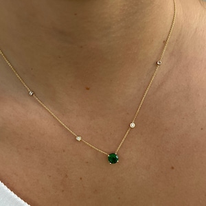 14K Diamond Station Necklace, Diamond By The Yard Necklace, Diamond Bezel And Prong Necklace, Natural Diamonds And Lab Grown Green Emerald