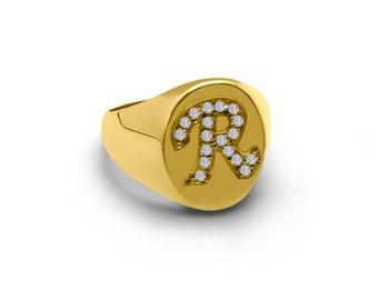 R Letter ring, Dainty oval signet ring made of 14k gold, Solid Gold, Ring for women