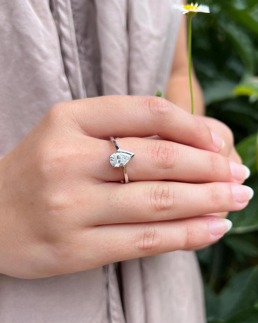 Pear Diamond Setting Pear Cut Natural Diamond Engagement Ring Bezel & Prong Setting 14K/18K ...