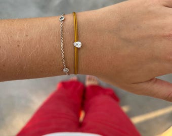String And Lab Diamond Bracelet, Solitaire Lab Diamond  Bracelet, 14k Gold Set With Pear Cut Lab Diamond,  Dainty String Charm Bracelet