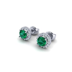 Emerald Gem Stud Earrings, Round Cut Green Emerald Earrings, 14K White Gold Earrings, Halo Earrings,  Halo Stud Earrings, Gift For Her