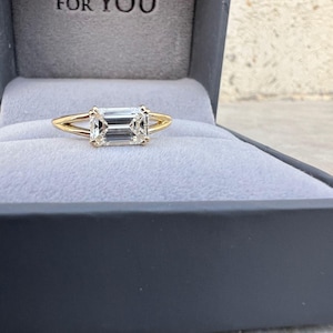 East to West Emerald Cut Diamond Engagement Ring, Solitaire Emerald Diamond Ring 14K Gold, Promise Ring For Her, Natural Diamond Bridal Ring
