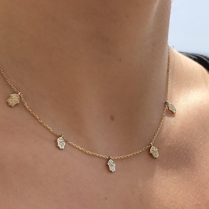 Hamsa Necklace Evil Eye Protection Charm Round Cut Natural Diamonds 14K/18K Solid Gold