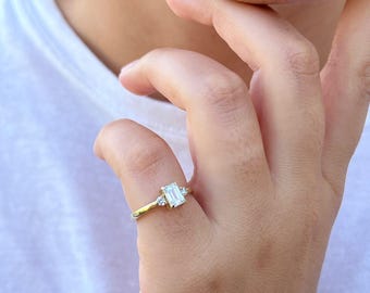 Three-stone Engagement Ring  Emerald & Rounds Natural Diamonds Solid Gold/Platinum