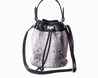Handcrafted bucket bag in real Python skin, Black, Grey, Brown, everyday bag, real snake skin, crossbody bag, elegant bag, luxury bag.