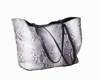 Grey tote bag, genuine python skin, real leather, shopping bag, travel bag, day bag, holiday bag, snakeskin, black handbag, luxury bag.