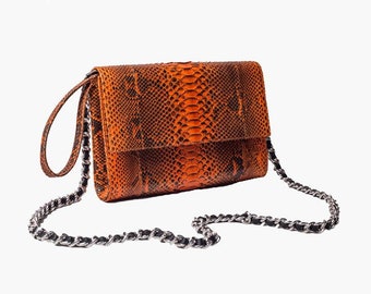 Handmade Python Leather Clutch, Chain Strap, Orange Snakeskin Bag