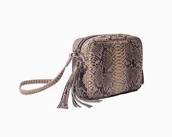 Python skin camera bag, messanger bag, real snake skin everyday bag, squared bag with tussel, crossbody bag, genuine leather bag, day bag.