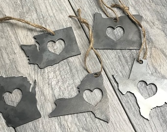 Metal State Rustic Metal State Shaped Ornaments State shaped Christmas Tree Ornaments Xmas tree ornaments State Love State Pride ornament