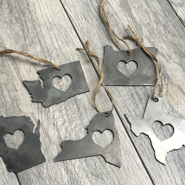 Rustic Metal State Shaped Ornaments State shaped Christmas Tree Ornaments Metal State xmas tree ornaments State Love State Pride ornament