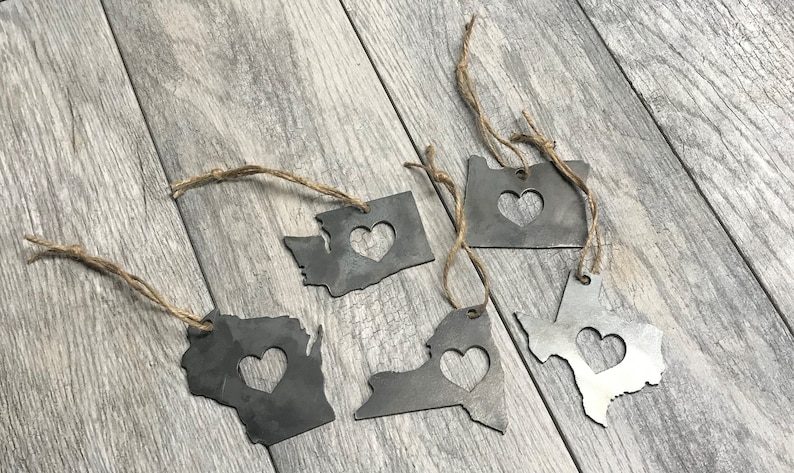 Rustic Metal State Shaped Ornaments State shaped Christmas Tree Ornaments Metal State xmas tree ornaments State Love State Pride ornament image 1