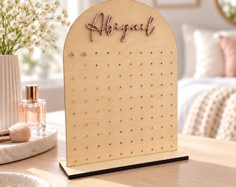 Soporte personalizado para pendientes, organizador de joyas de madera con nombre personalizado, expositor de pendientes.