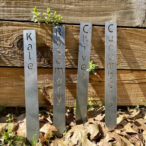 May include: Four metal garden markers with the words "Kale", "Rosemary", "Chives", and "Cucumbers" cut out. The markers are standing in a bed of brown leaves and green grass.
