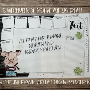 Könnte beinhalten: Ein dekorativer Notizblock mit einer Schweineillustration, mit Abschnitten für jeden Wochentag, einer To-Do-Liste und Platz für Notizen. Der Notizblock enthält den Text "5 Wechselnde Motive auf 25 Blatt" und "Viel Platz für Termine, Notizen und Andere Kritzeleien."