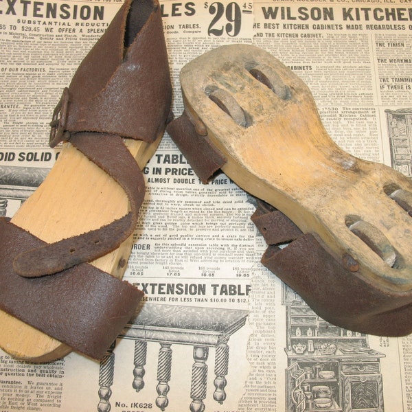 Vintage/ Antique Quirky Leather & Wood Small OLD Shoes Clogs Skates with Wheels Grungy Worn Out Farm House Country Primitive Assemblage Art