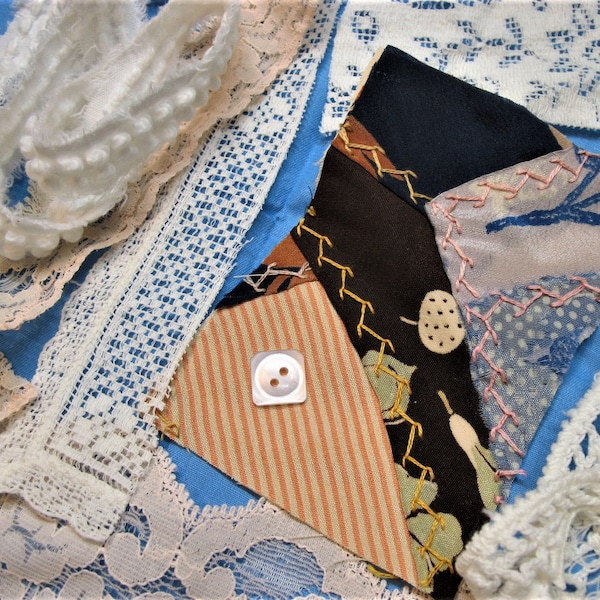 Vintage Textile Bundle Slow Stitch Junk Journal / Curated Salvaged Pieces Buttons, Fabric, Lace Trims Craft Vintage Supply